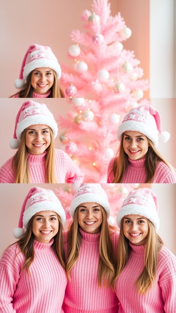 Group of friends in pink Christmas outfits with a pink Christmas tree in the background.